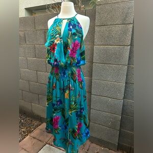 Parker Flowy Assymetrical Silk Sleeveless Midi Dress Floral Tropical Size Large